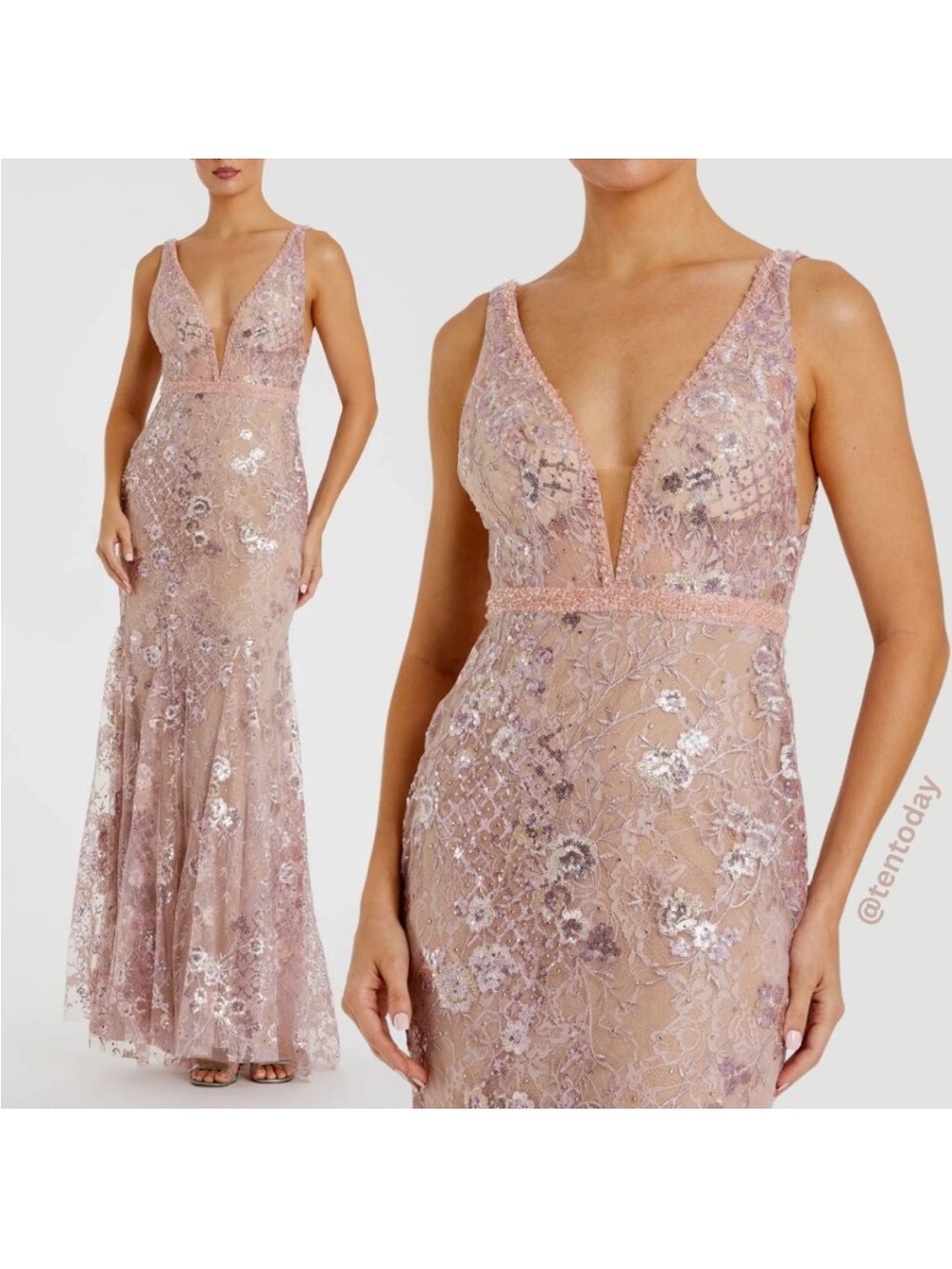 $698 Mac Duggal 67481 Pink Floral Embroidered VNeck Long Maxi Gown Dress
